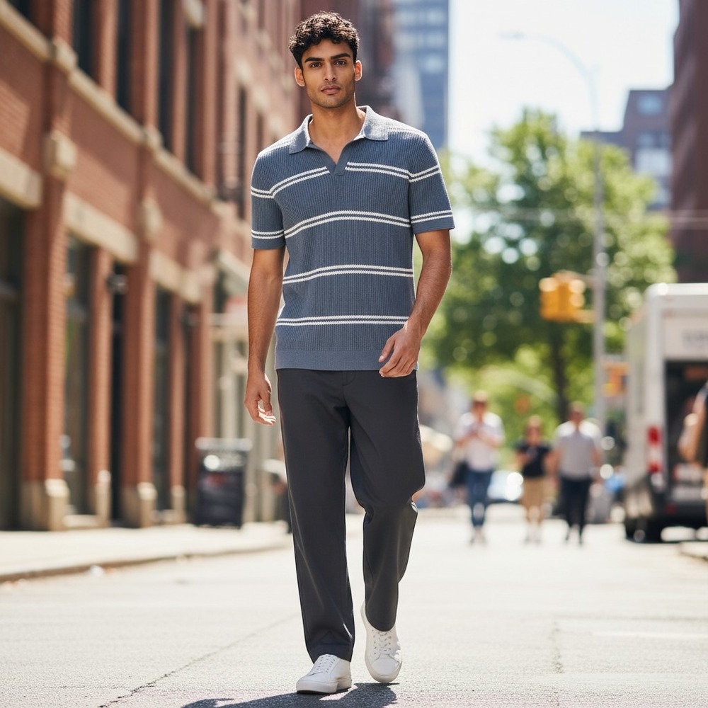 Abercrombie & Fitch Mens Polo Shirt Knit Striped Grey White Lightweight‎ Small